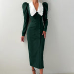 Spring Color Contrast Cardigan Sheath Dress Women Doll Collar Long Sleeve High Waist French Dress