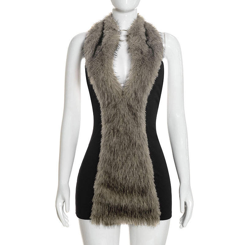Women Clothing Autumn Winter Solid Color Sexy Sleeveless Bare Back Halter Furry Short Dress