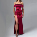 Women Dress Sexy High Split off Neck Slimming Elegant Pleated High Grade Dress