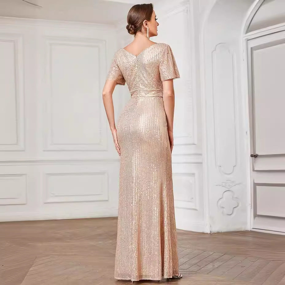 Sexy V Neck Sequ Floor Length Evening Dress Elegant Split Cocktail Party Party Dress