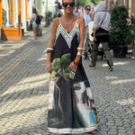 Positioning Printed V neck Loose Big Hem Suspender Casual Vacation Dress