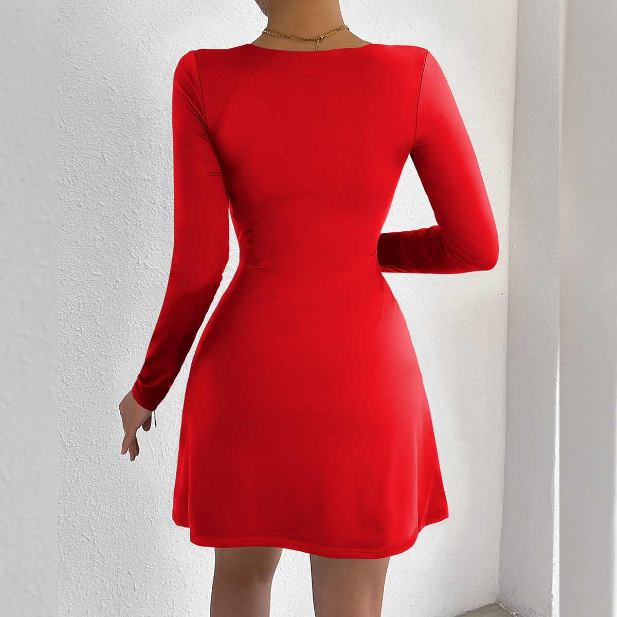 Women Clothing Square Collar Tight Long Sleeve Slit Flared Mini Sexy Dress