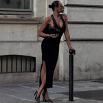 Sexy Personalized Perforated Slim Fit Slimming Sleeveless Halter Bare Back U Collar Waist High Elastic Solid Color Dress