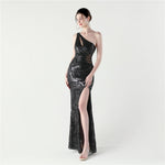 Sexy Slim Hip One Shoulder Diagonal Collar Sequin Gauze Evening Dress The Dinner Party