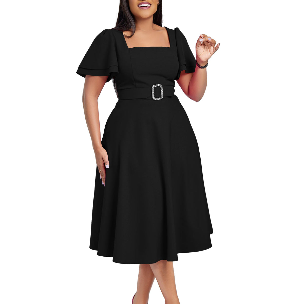 Women Clothing Flared Sleeves Square Collar High Waist Solid Color Elegant Dress