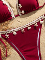 Shell Decoration Ribbed Bikini Women Swimwear Female Swimsuit Two-pieces Bikini Set Halter Strappy Bather Bathing Suit Swim Lady