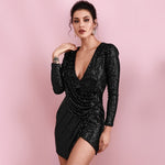 Spring Women Clothing Dress V neck Long Sleeve Irregular Asymmetric Fashionable Sequ