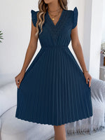 Women Clothing Spring Summer Casual Lace V neck Wooden Ear Cinched Pleated Dress