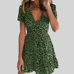 Summer Sexy V neck Mid Waist Short Dress Leopard Print Dress