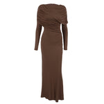 Fall Winter Elegant Long Sleeve Solid Color Knitted Slim Fit Maxi Dress Office Irregular Asymmetric Collar Dress for Women