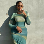 Women Commuting Wear Printed Pleated Drawstring Slim Fit Hip round Neck Long Sleeve Design Dress
