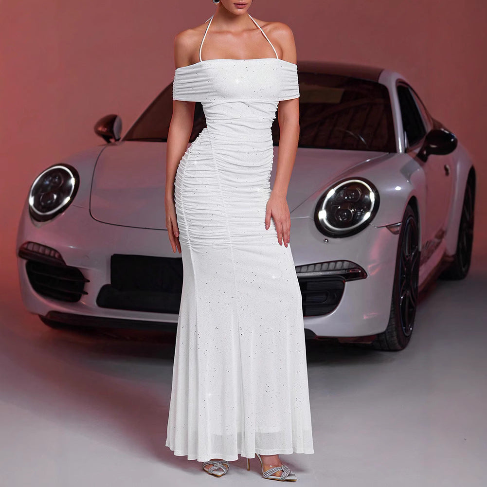 Summer Women Clothing Fashionable Elegant Dress Mesh Silver-Sprinkling off Shoulder Sleeveless Dress