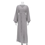 Casual Cross Design Lace up Dress Women V neck Long Sleeve Split High Waist Maxi Dress