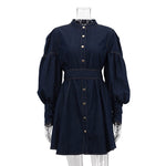 Denim Shirt Dress Niche Design Lantern Sleeve Lace up Graceful Fashionable Dress