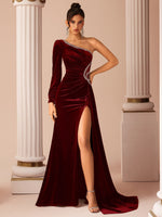 Light Luxury Lady off Shoulder Rhinestone Velvet Evening Dress Solid Color Waist Tight Fishtail Split Trailing Annual Meeting Dinner Dress