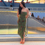 Summer Women Clothing Vacation Slimming Retro Printed Sexy Tube Top Split Double Layer Dress