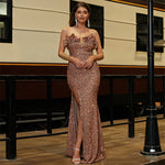 Women Sleeveless Elegant Sexy Long Sequined off Neck Backless Evening Dress