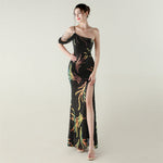 Sequin Mesh Craft Beaded Evening Dress off the Shoulder High Slit Fishtail Dress Swing Cocktail Social Socialite