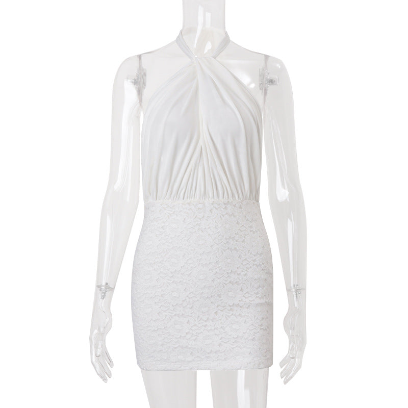 Women Clothing Summer Sexy Backless Cross Halterneck Lace up Sexy Slim Sheath Dress