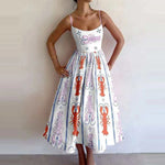Spring Women Clothing Printing Pleated Waist Tight Large Swing Sling Dress