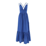 French Vacation Blue Cotton Linen V neck Strap Backless Dress Spring Summer Dress