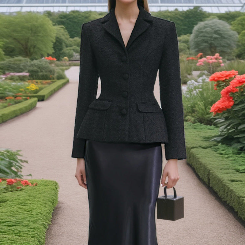 French Two Piece Set Autumn Waist Slimming Single Breasted Long Sleeve Elegant Skirt Set Women