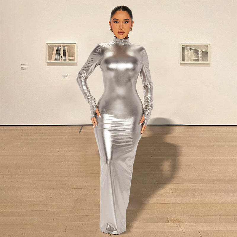 Autumn Winter Metallic Sexy Backless Skinny Slimming Slim Dress Women Metallic Coated Fabric Dress