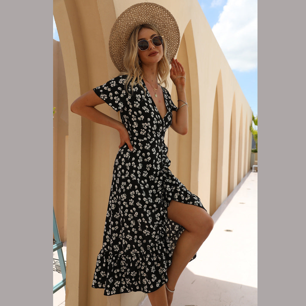 Summer Sexy Chiffon Printed V-neck Dress Ruffled Beach Dress