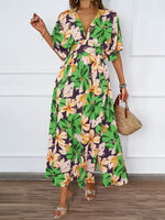 Summer Floral Print Maxi Dress Elastic Band Waist Tight Big V neck Short Sleeve Dress for Women