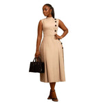Elegant Waist Controlled Stand Collar Sleeveless Fastener Decoration Dress