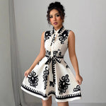 Summer Women Clothing Printed Waist Controlled Lace up Sleeveless Dress