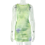 Women Clothing Pleated Sleeveless Color Matching Tight Waist Hip Dress Shopping Mall round Neck Printed Short Dress