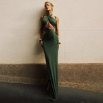 Autumn Winter Women Stitching Sexy Hollow Out Cutout out Solid Color Slim Fit Sheath Fishtail Dress