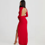 Autumn Women High Collar Backless Long Sleeves Jumpsuit Sexy Slit Dress