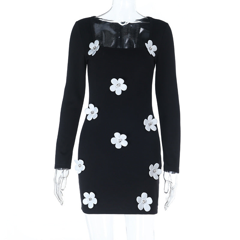Autumn Winter Type Hip Sexy Three Dimensional Floral Long Sleeve Dress