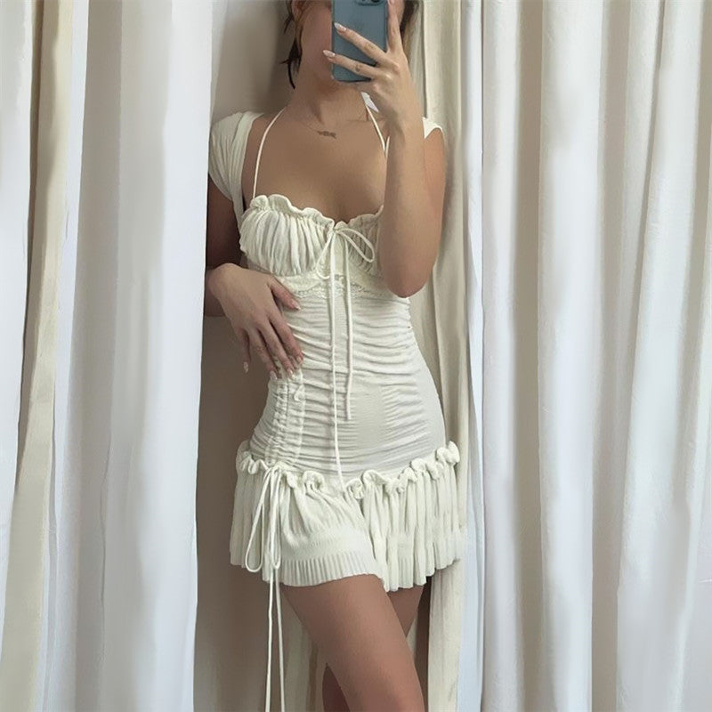 Summer Sexy French Low Cut Square Collar Halter Lace Up Design Short Sleeve Pleated Dress Women