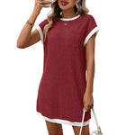 Summer Women Solid Color Casual Contrast Color Short Sleeve Pocket Dress