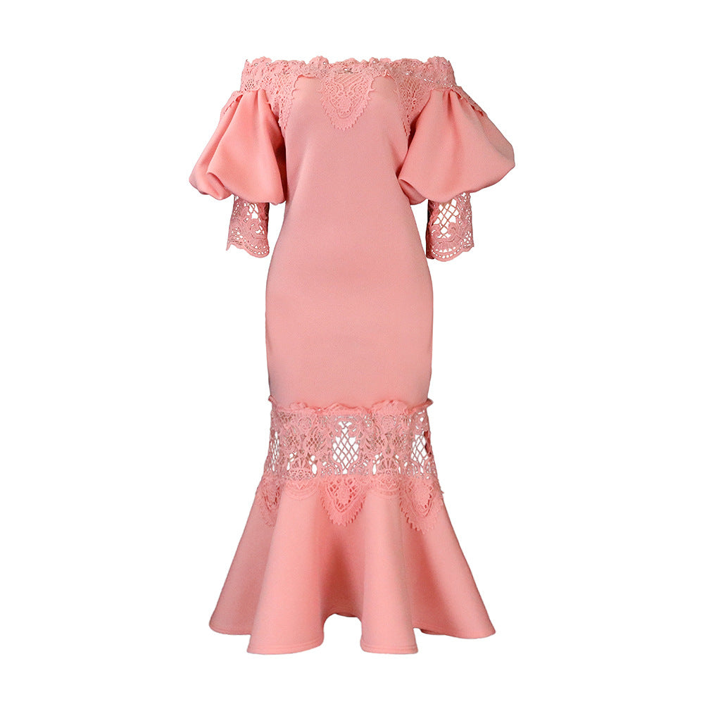 D368 cross-border women's fashion temperament lace off-the-shoulder fishtail party sexy party dress foreign trade dress