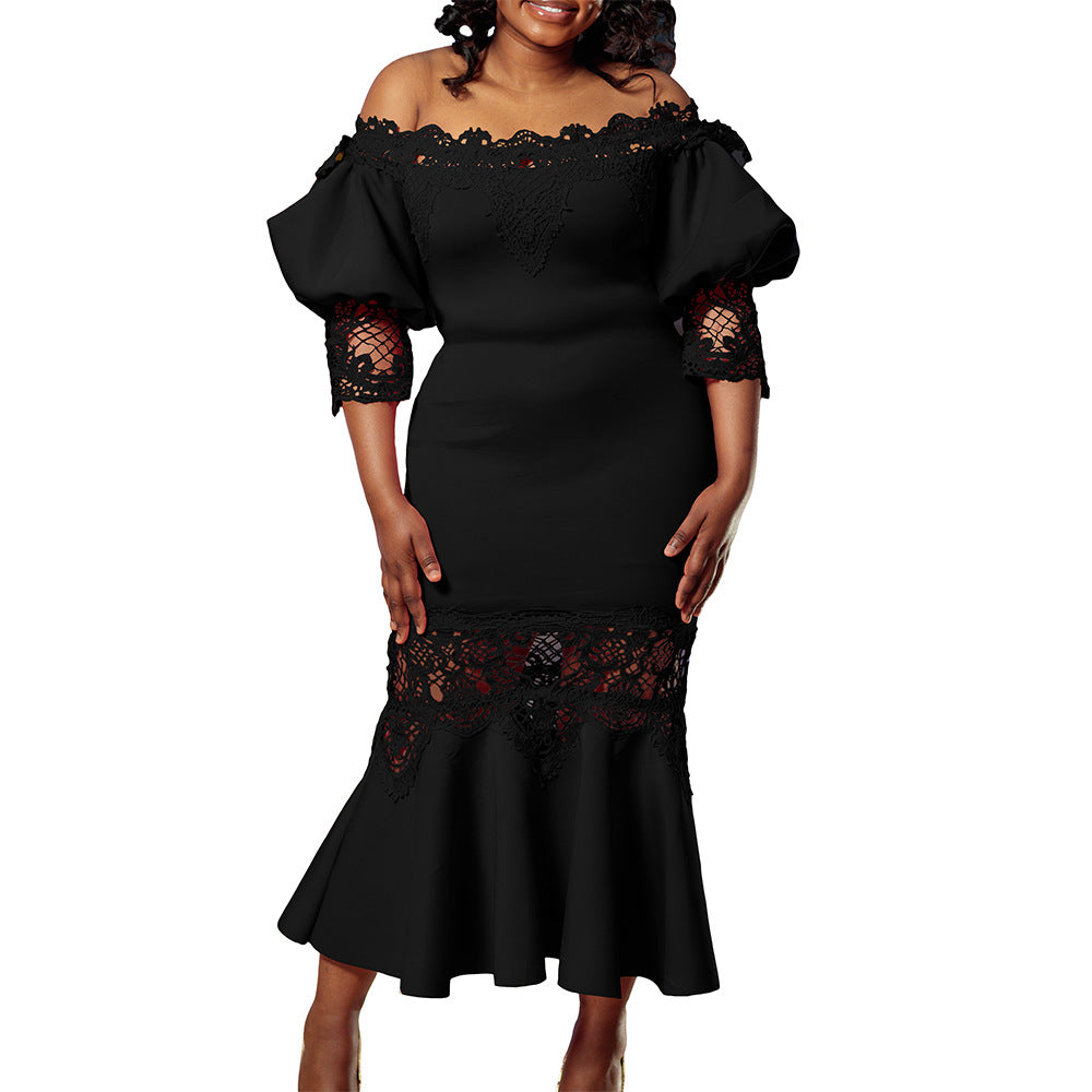 D368 cross-border women's fashion temperament lace off-the-shoulder fishtail party sexy party dress foreign trade dress
