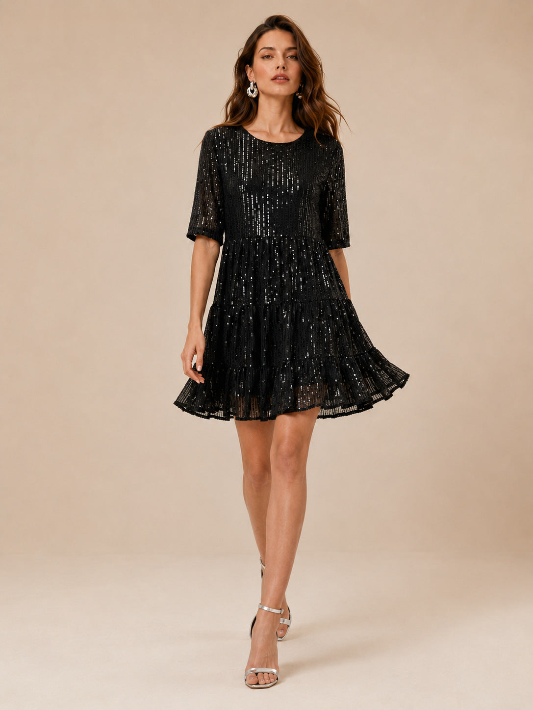 Sequined Short Sleeve A line Dress Cocktail Women Short Dress