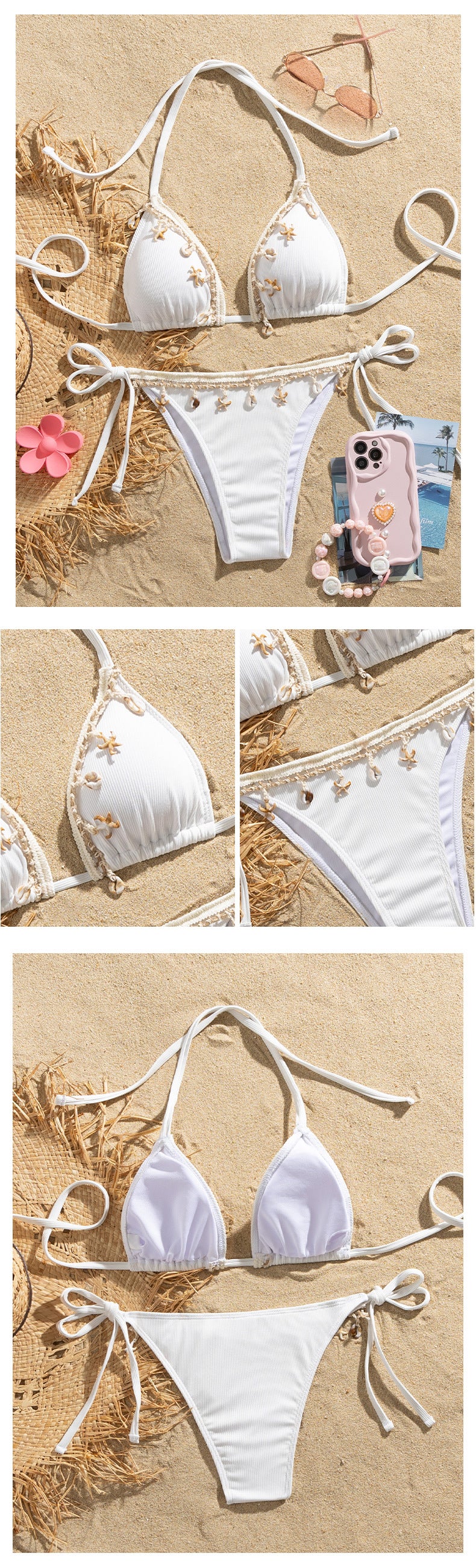 Shell Decoration Ribbed Bikini Women Swimwear Female Swimsuit Two-pieces Bikini Set Halter Strappy Bather Bathing Suit Swim Lady