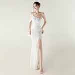 Sequin Mesh Craft Beaded Evening Dress off the Shoulder High Slit Fishtail Dress Swing Cocktail Social Socialite