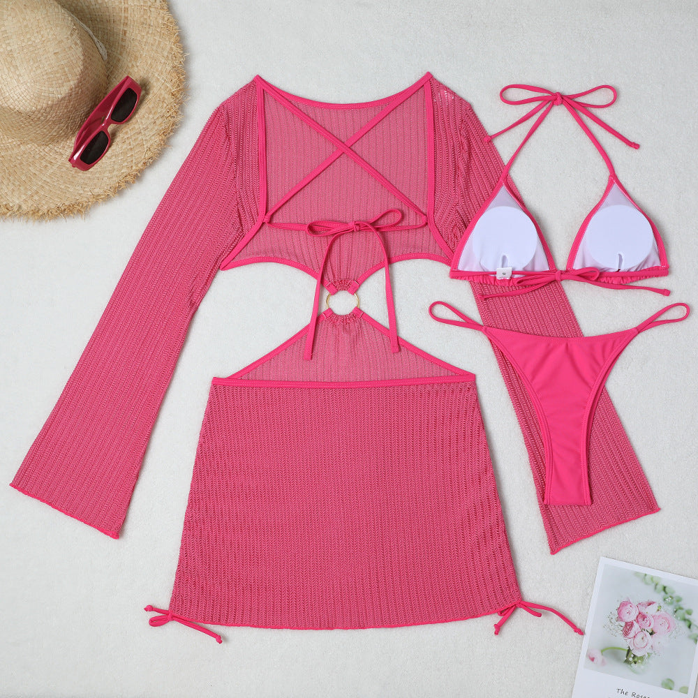 Mesh Sheer Long Sleeve Cover-Up Micro Bikini Female Swimsuit Women Swimwear Three-pieces Bikini Set Bathing Suit Swim Beach Wear