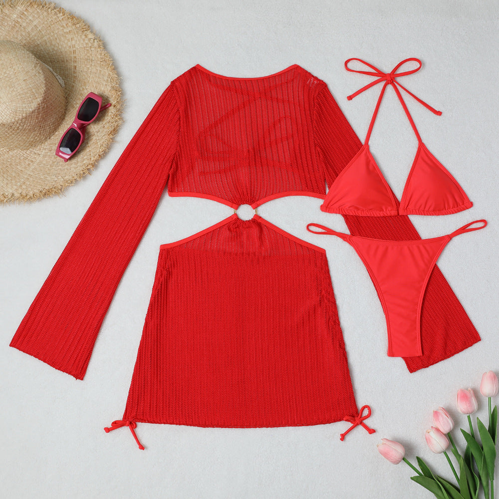 Mesh Sheer Long Sleeve Cover-Up Micro Bikini Female Swimsuit Women Swimwear Three-pieces Bikini Set Bathing Suit Swim Beach Wear
