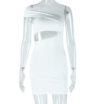 Women Clothing Solid Color Dress Sexy Diagonal Collar Cold Shoulder Sleeveless Hip Dress