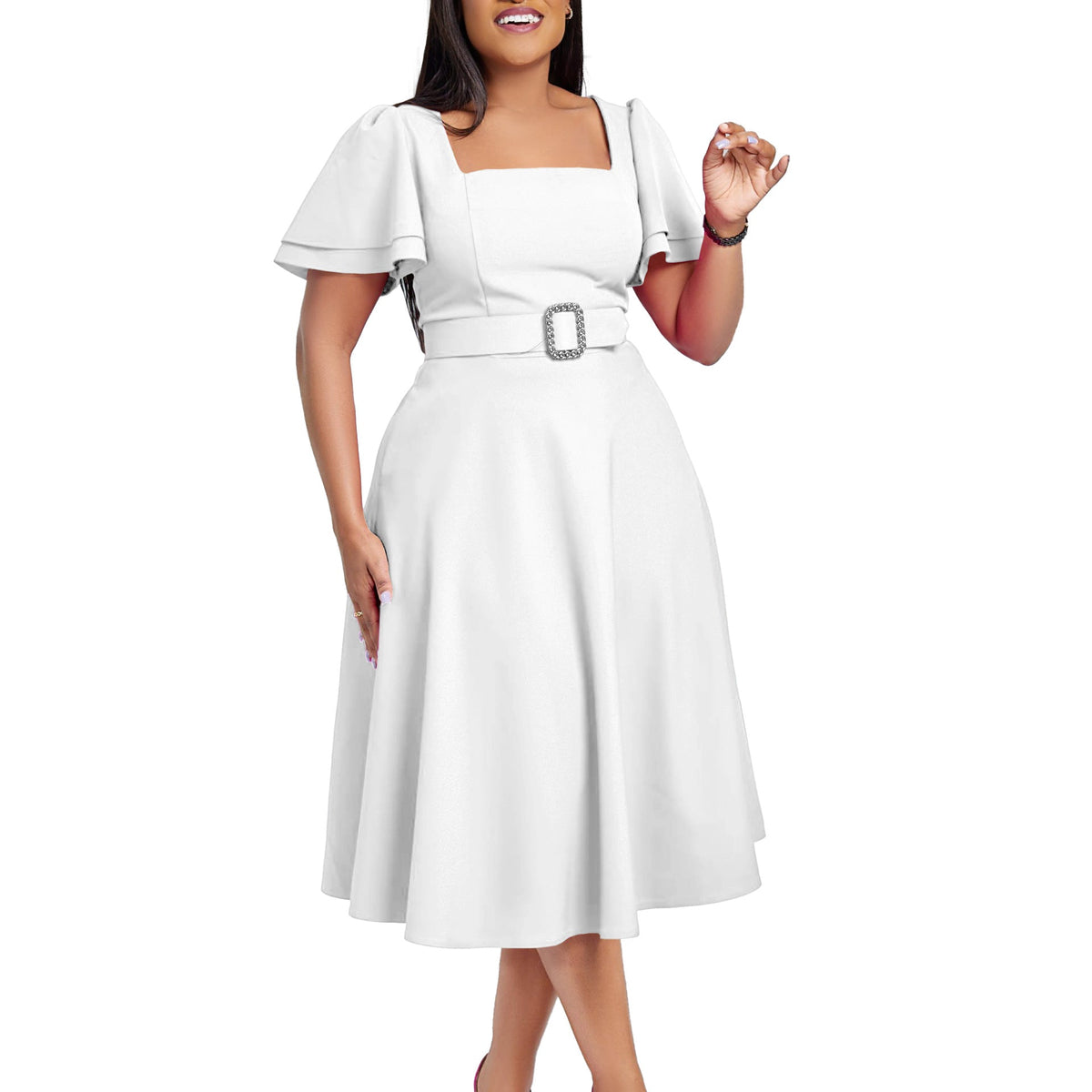 Women Clothing Flared Sleeves Square Collar High Waist Solid Color Elegant Dress