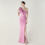 One Shoulder Craft Beading Wave Floral Satin High Slit Sexy Evening Dress Dinner Party Wedding Social