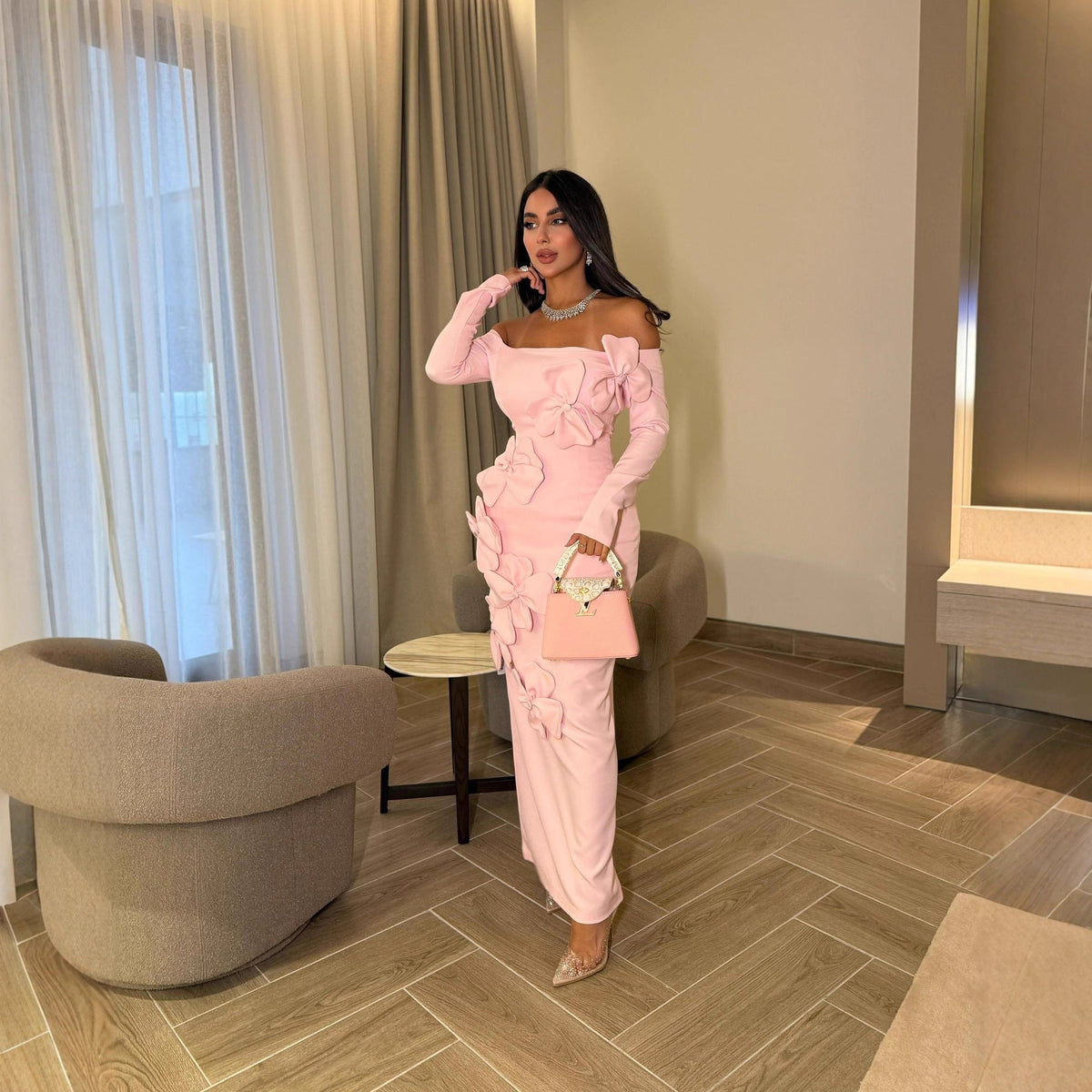 Spring Summer Middle East Elegant Sexy Sheath Three Dimensional Floral off Shoulder Long Sleeve Dress
