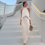 Satin Light Luxury Design Apricot Halter Lace up Backless Slim Fit Sleeveless Women Summer Dress