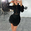 Hollowed out Design Chiffon Dress for Women Stand Collar Long Sleeve High Waist A line Dress